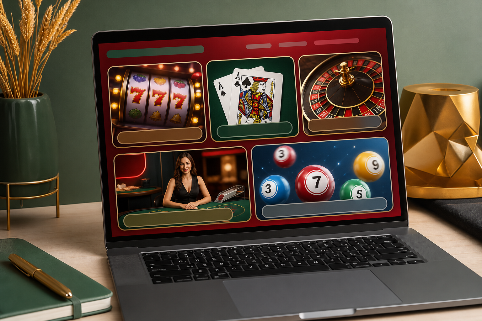 Generic casino lobby with slots, tables and live game cards
